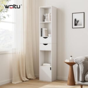 WOLTU Bücherregal Bücherschrank, Standregal mit Schubladen, Regal mit Tür, Büroregal, Aufbewahrungsregal für Wohnzimmer Schalfzimmer, Weiß, 30 x 158 x 24 cm, SK028ws